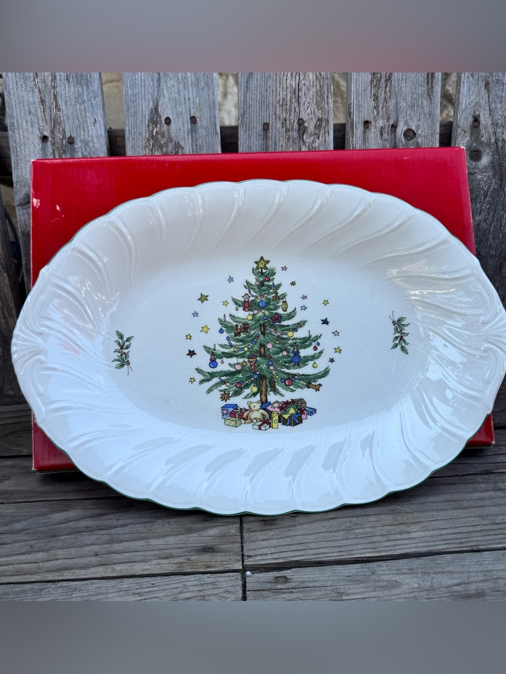 Vtg Nikko Happy Holidays 14 Oval Serving Platter Christmas Tree Swirl Rim In Box